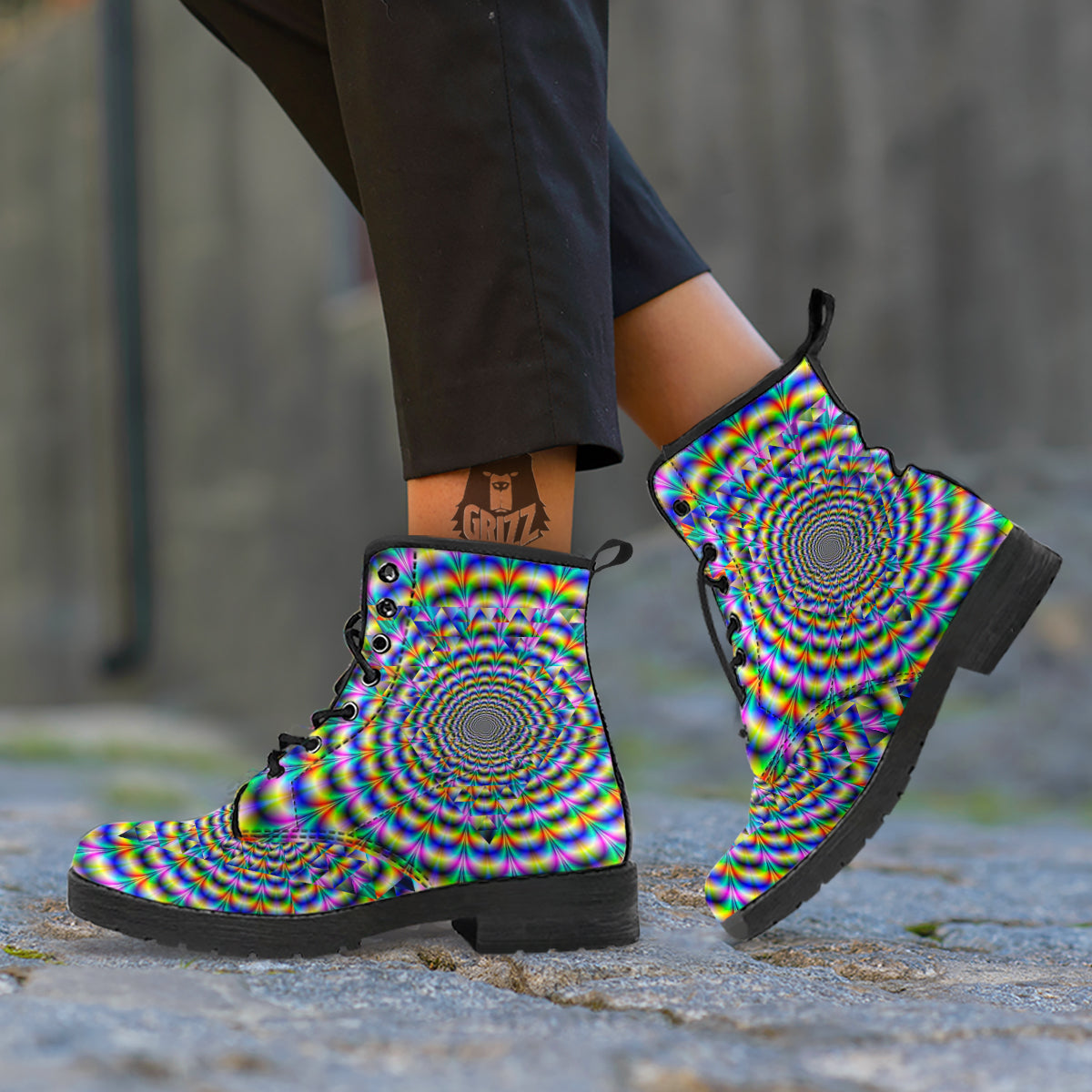 Colorful Psychedelic And Triangle Print Leather Boots-grizzshop