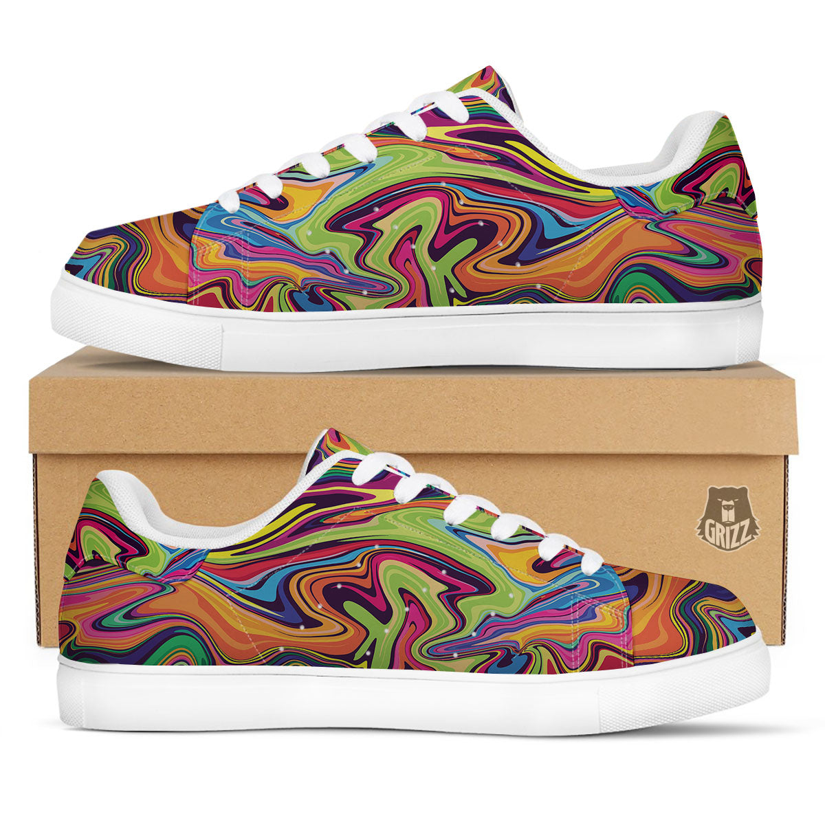 Colorful Psychedelic Print White Low Top Sneakers-grizzshop