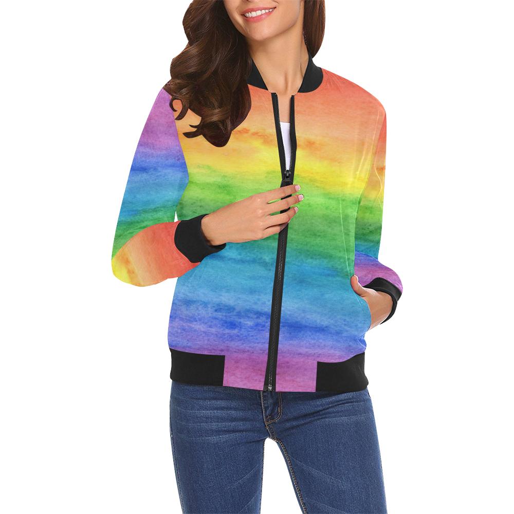 Colorful Rainbow Pattern Print Women Casual Bomber Jacket-grizzshop
