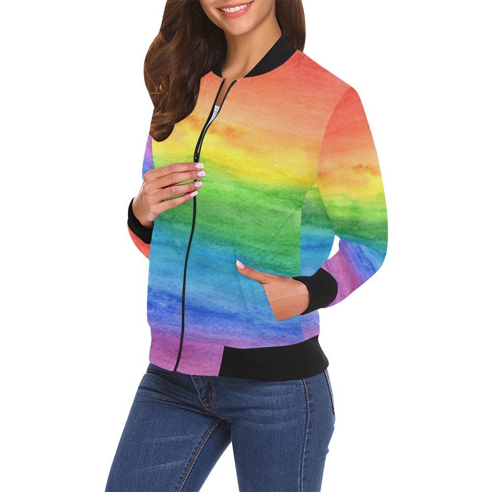 Colorful Rainbow Pattern Print Women Casual Bomber Jacket-grizzshop