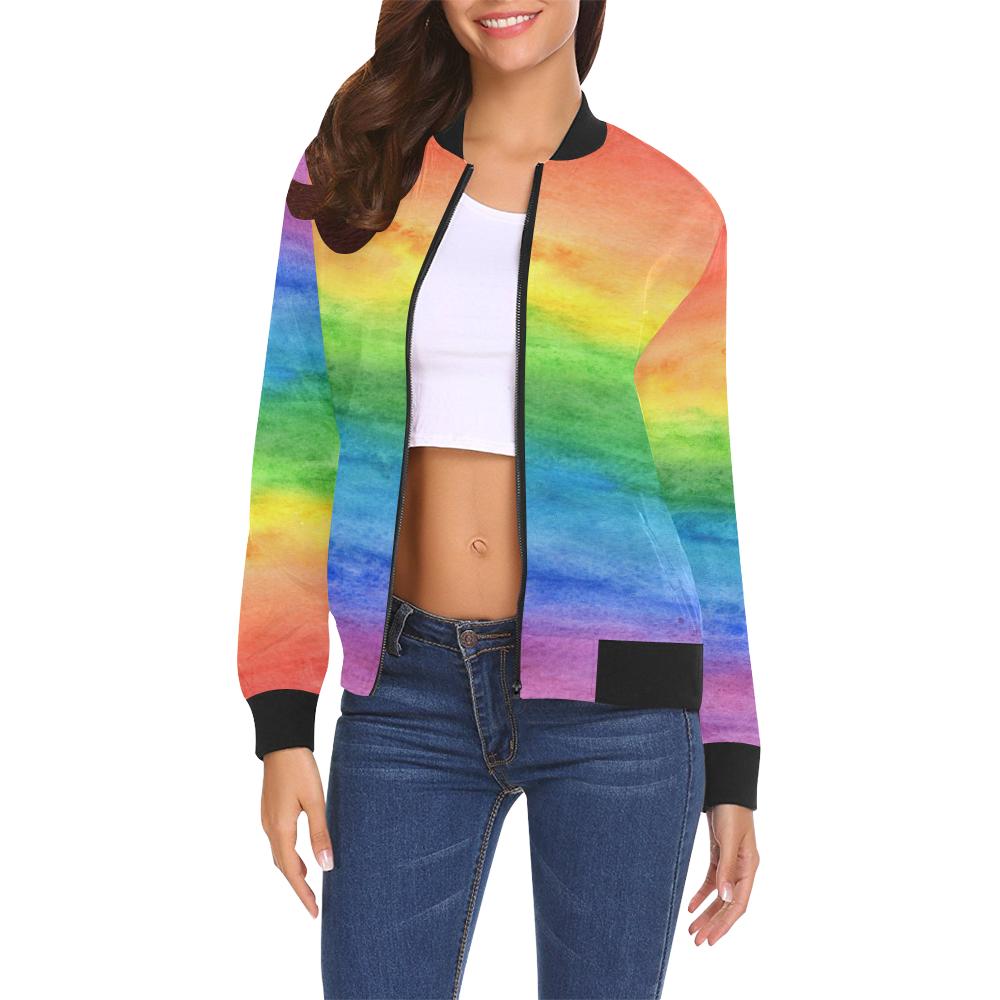 Colorful Rainbow Pattern Print Women Casual Bomber Jacket-grizzshop