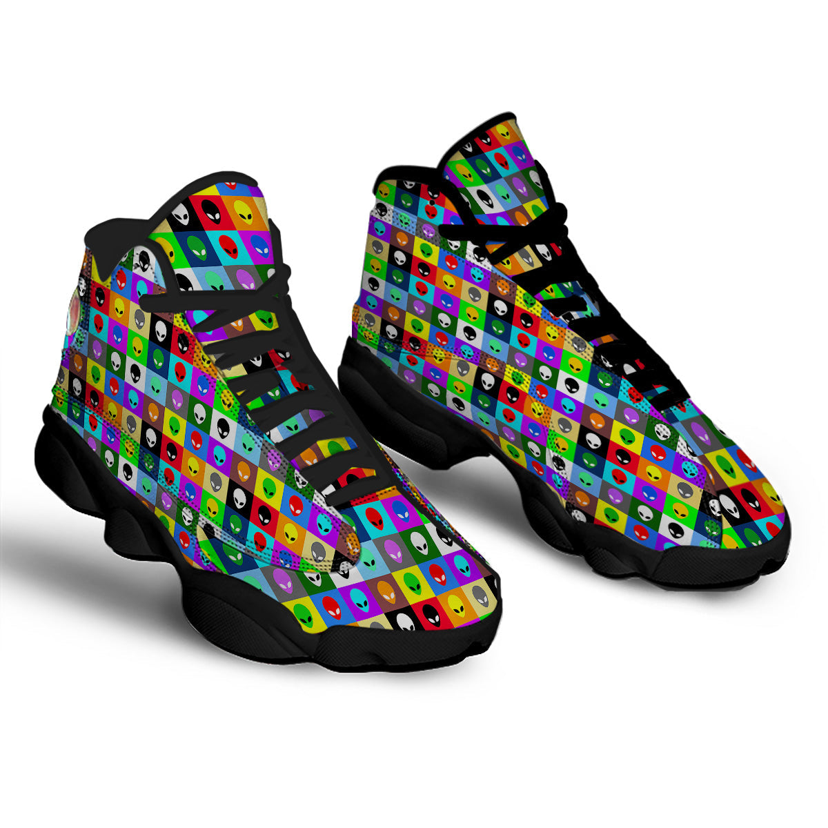 Colorful Retro Aliens Face Print Pattern Black Basketball Shoes-grizzshop