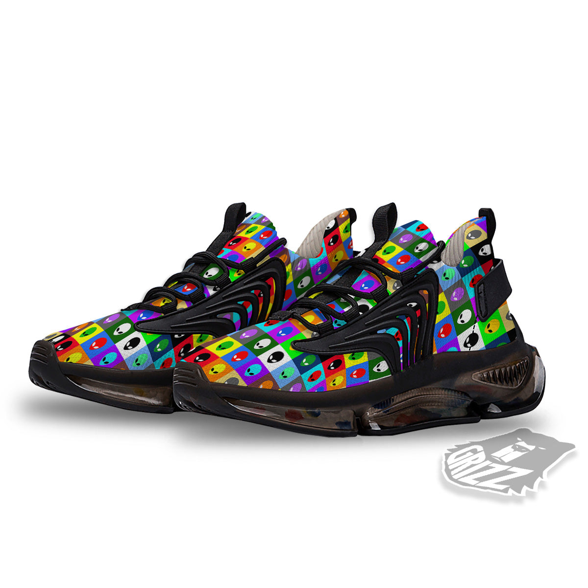 Colorful Retro Aliens Face Print Pattern Black Gym Shoes-grizzshop