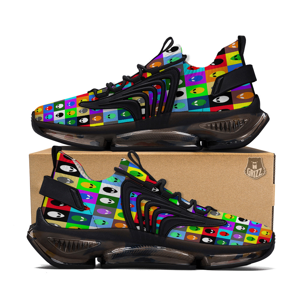 Colorful Retro Aliens Face Print Pattern Black Gym Shoes-grizzshop