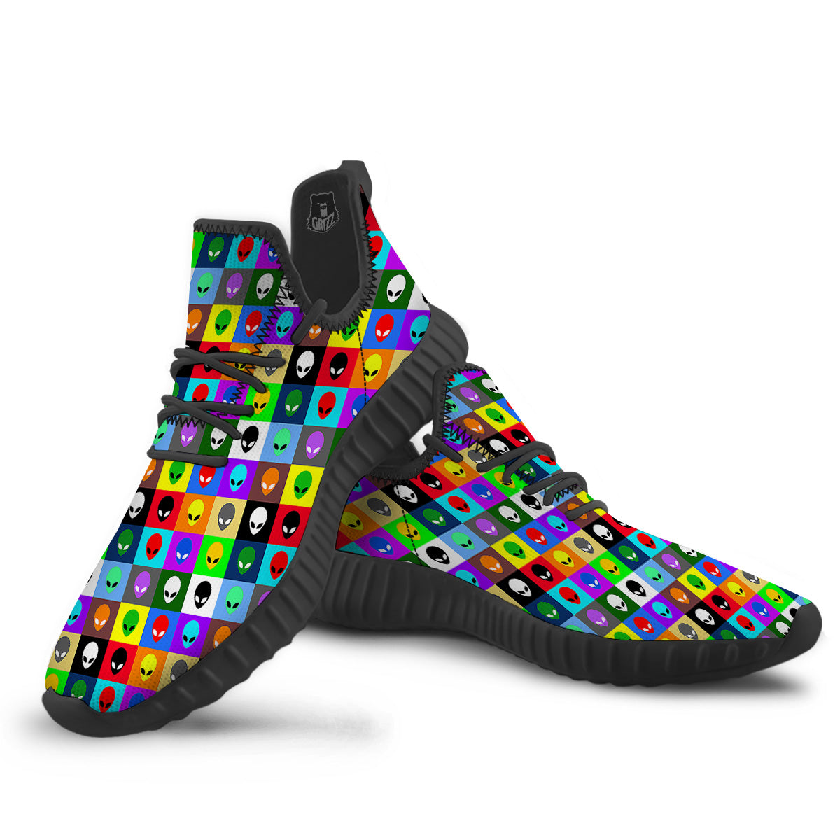 Colorful Retro Aliens Face Print Pattern Black Walking Shoes-grizzshop