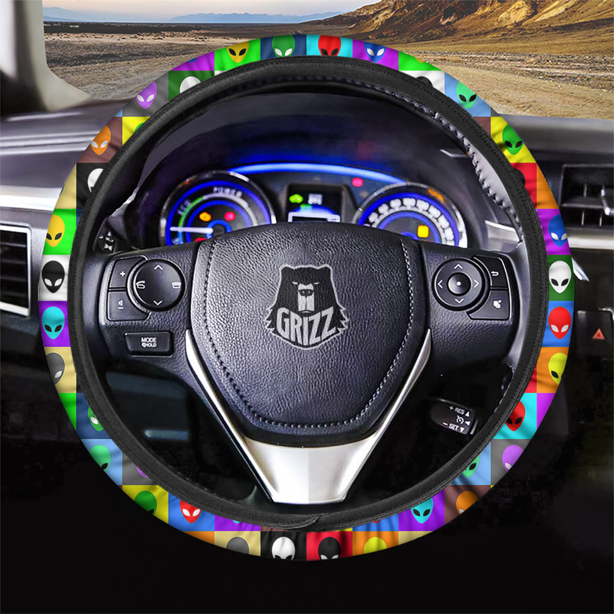 Colorful Retro Aliens Face Print Pattern Car Steering Wheel Cover-grizzshop