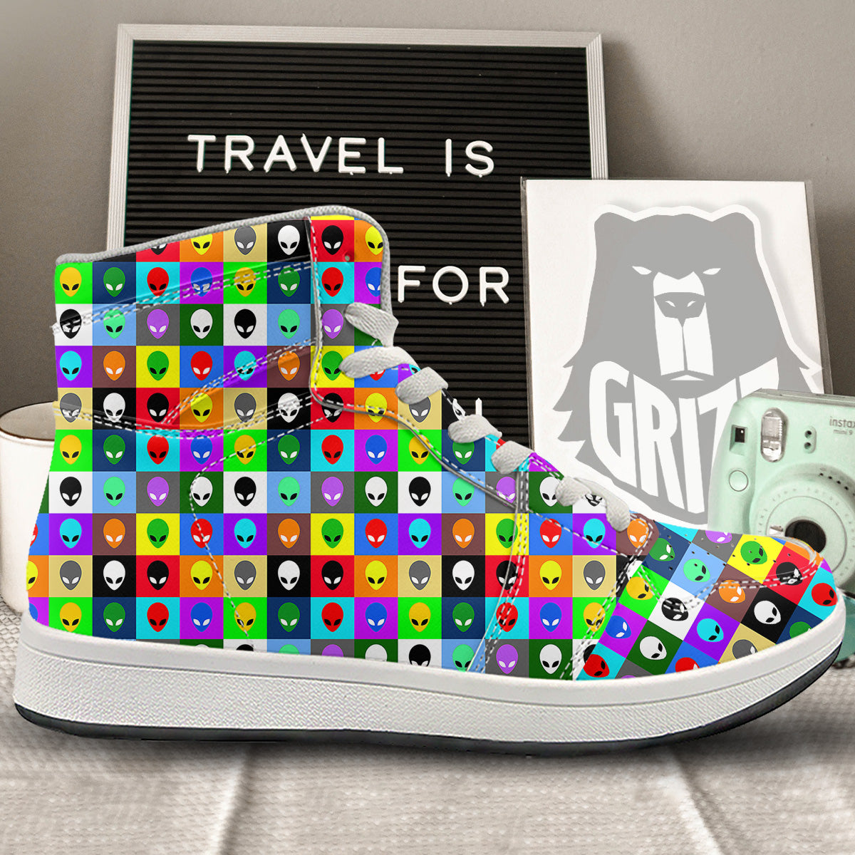 Colorful Retro Aliens Face Print Pattern High Top Sneakers-grizzshop
