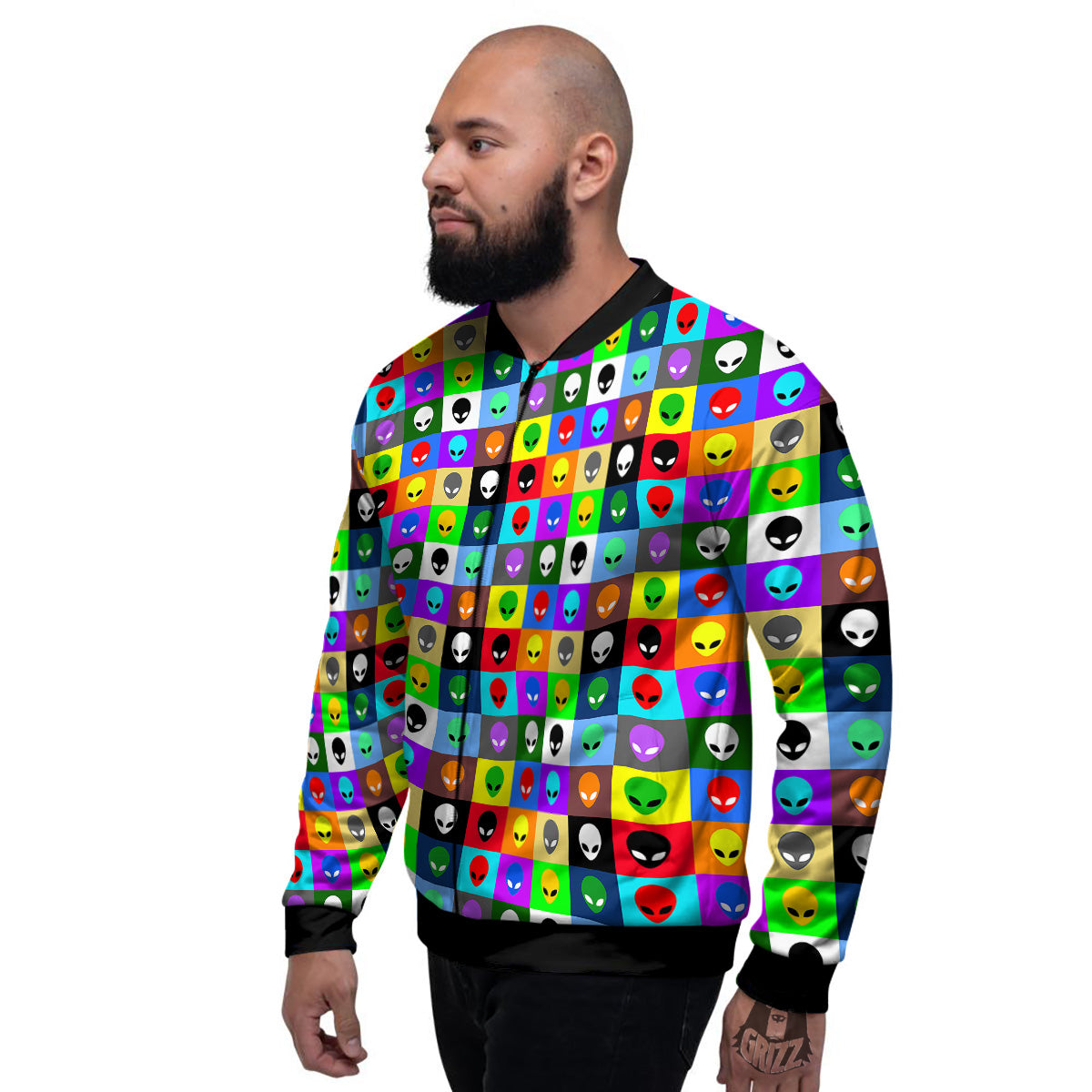 Colorful Retro Aliens Face Print Pattern Men's Bomber Jacket-grizzshop