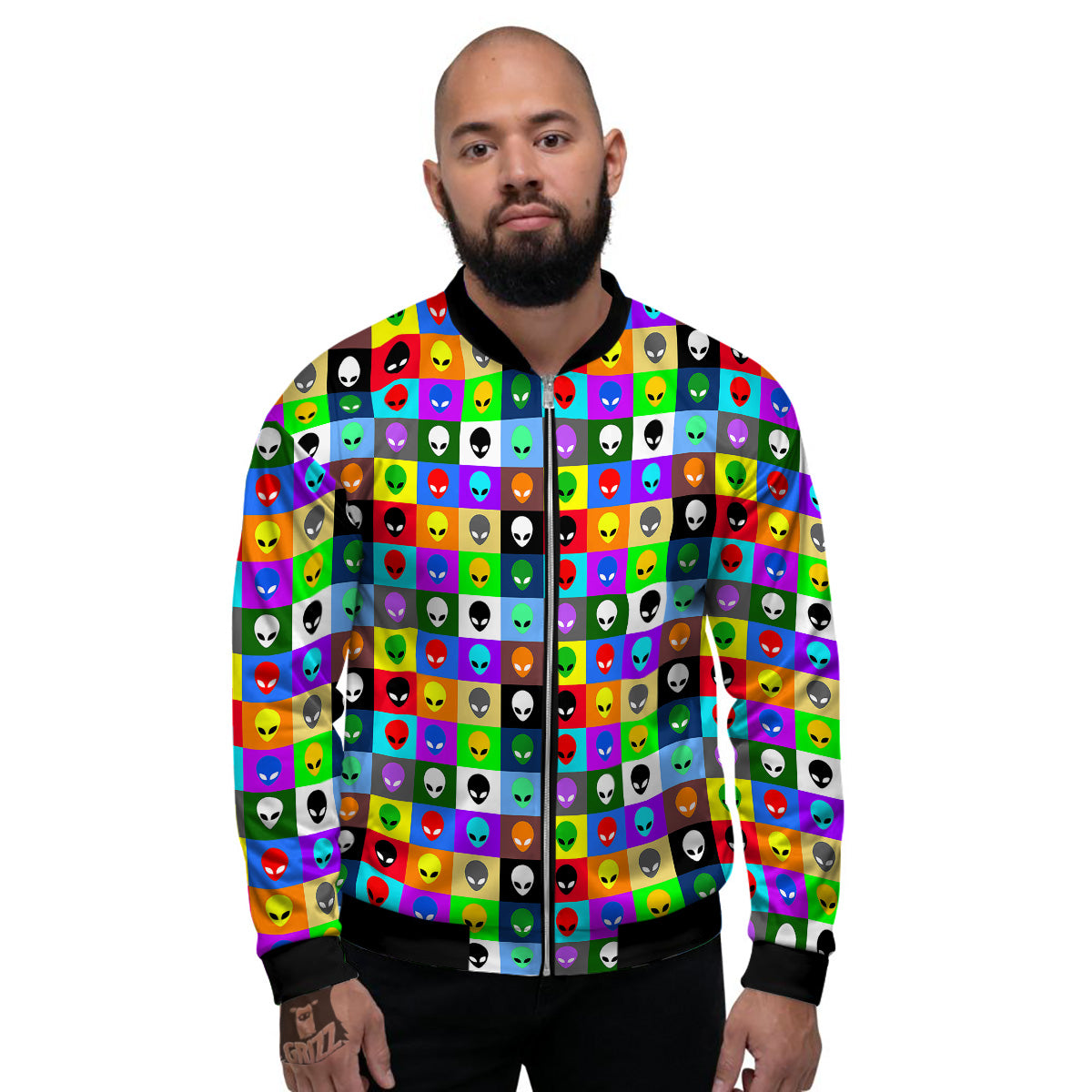 Colorful Retro Aliens Face Print Pattern Men's Bomber Jacket-grizzshop