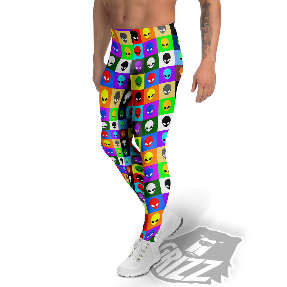 Colorful Retro Aliens Face Print Pattern Men's Leggings-grizzshop