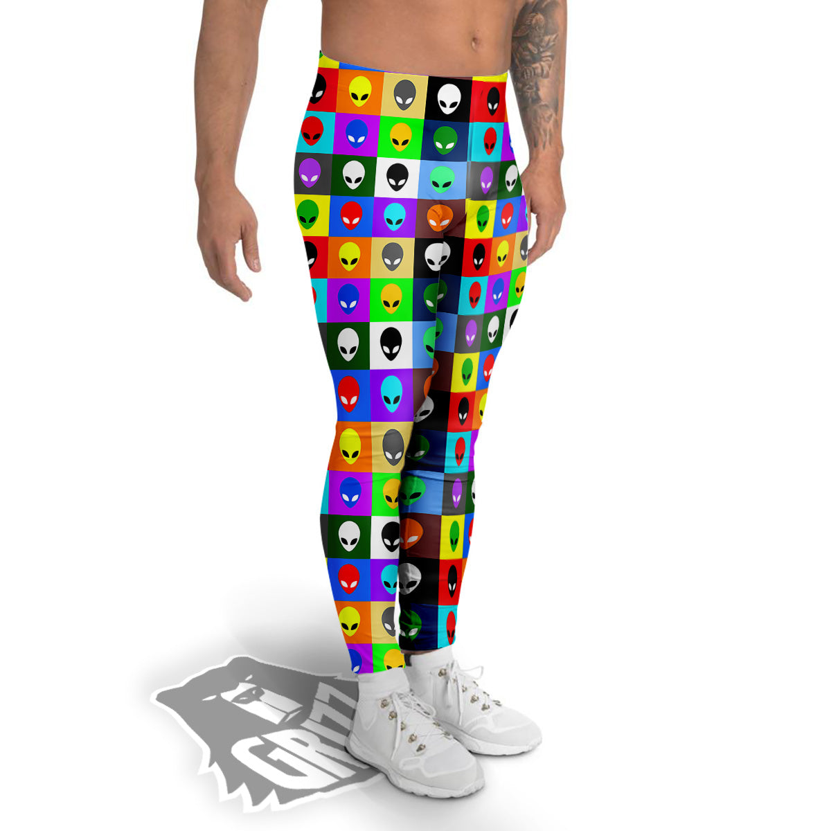 Colorful Retro Aliens Face Print Pattern Men's Leggings-grizzshop
