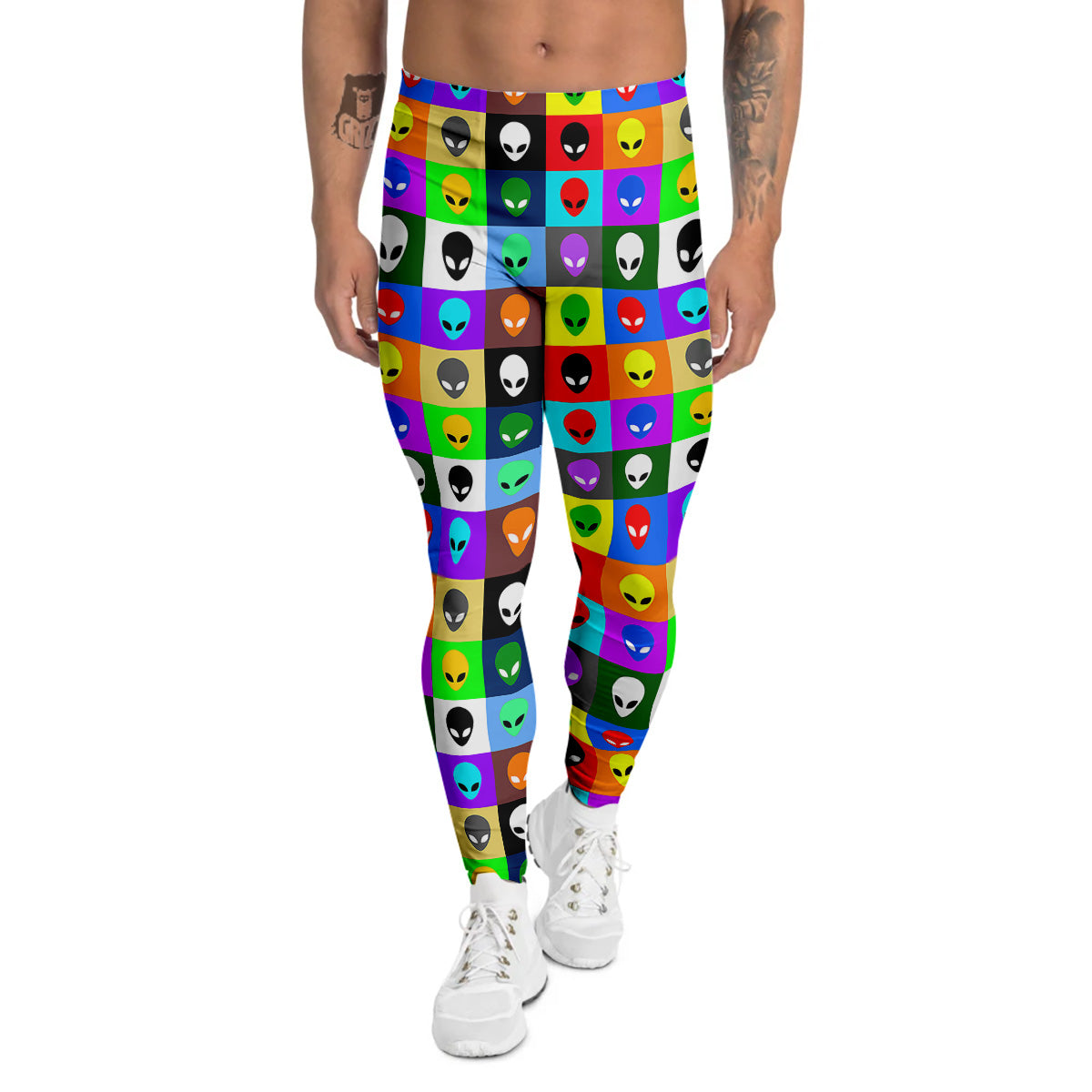 Colorful Retro Aliens Face Print Pattern Men's Leggings-grizzshop