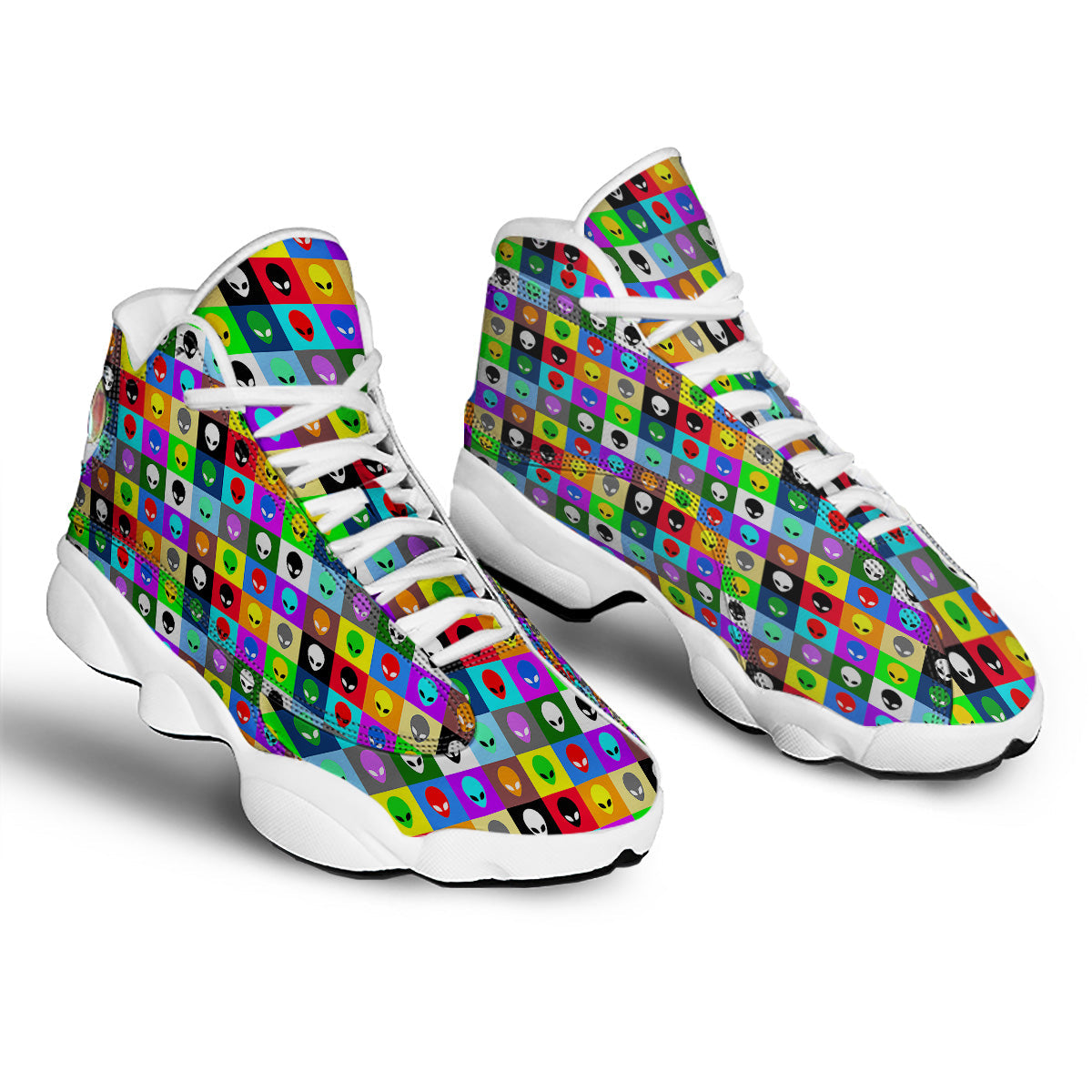 Colorful Retro Aliens Face Print Pattern White Basketball Shoes-grizzshop