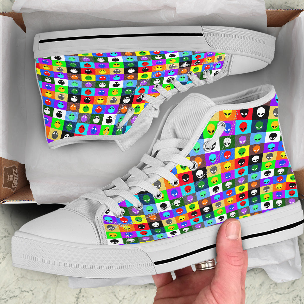 Colorful Retro Aliens Face Print Pattern White High Top Shoes-grizzshop