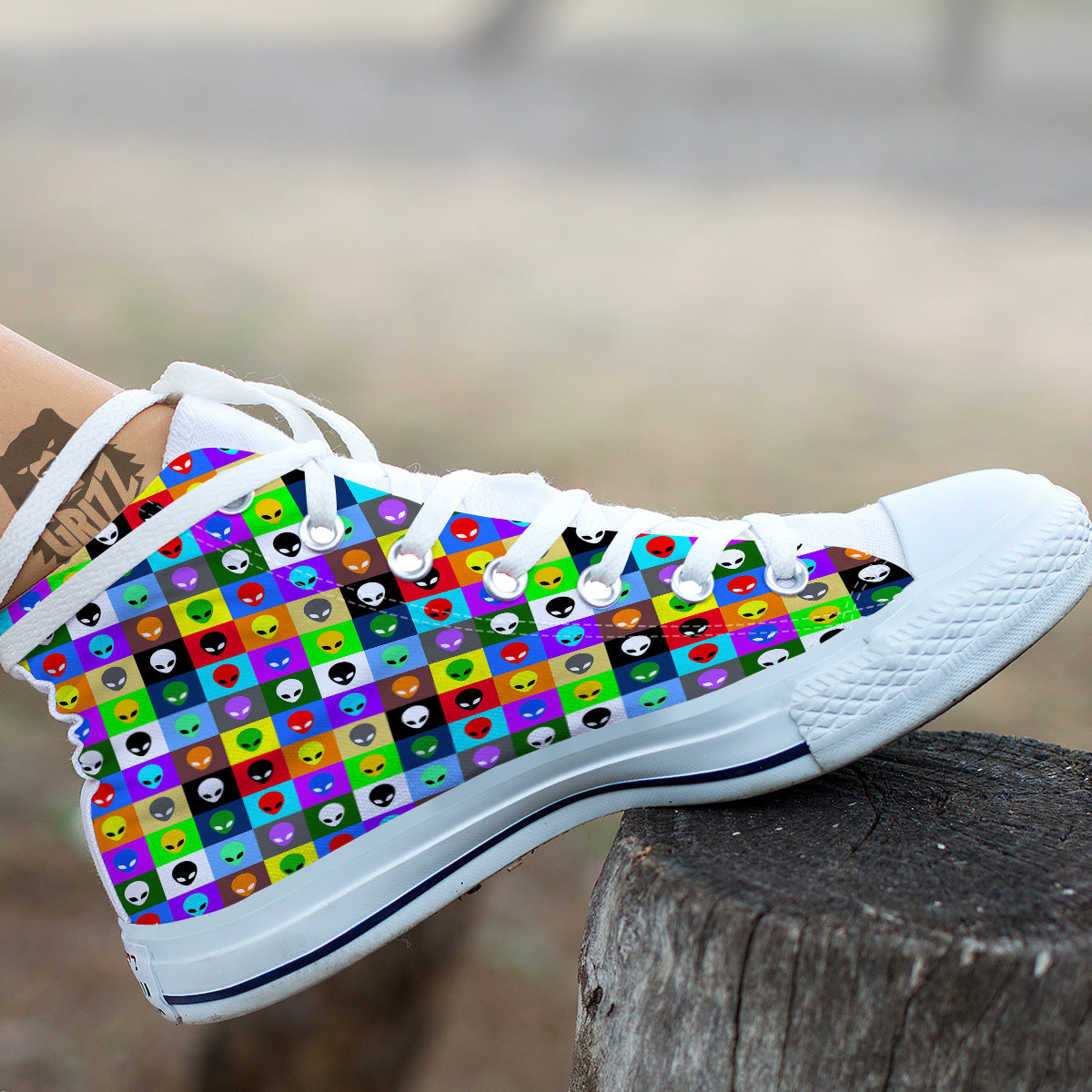 Colorful Retro Aliens Face Print Pattern White High Top Shoes-grizzshop