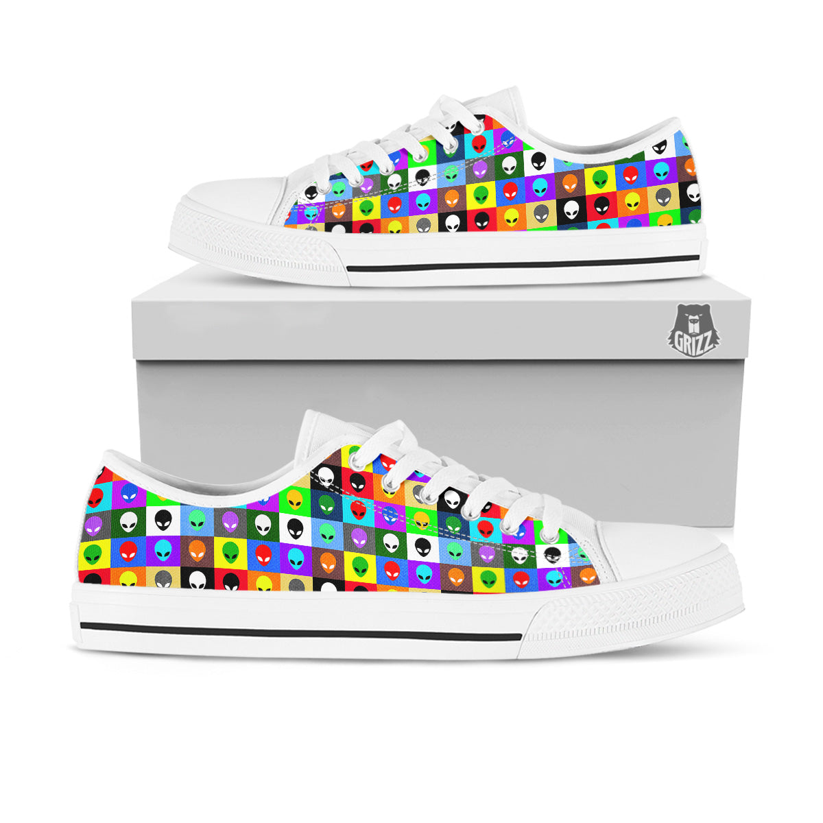 Colorful Retro Aliens Face Print Pattern White Low Top Shoes-grizzshop