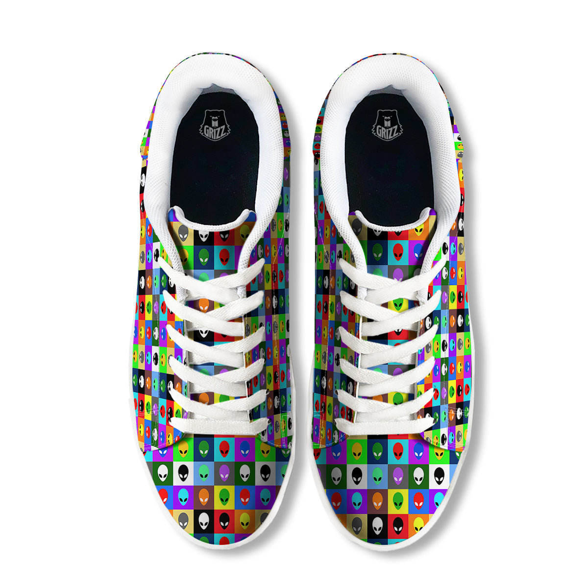 Colorful Retro Aliens Face Print Pattern White Low Top Sneakers-grizzshop