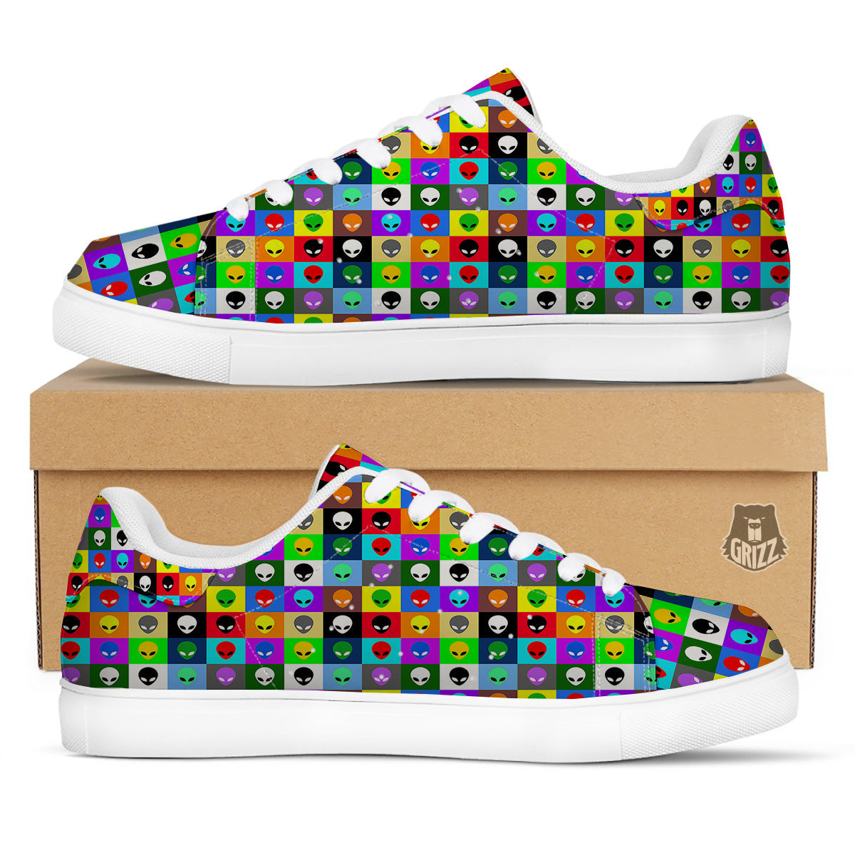 Colorful Retro Aliens Face Print Pattern White Low Top Sneakers-grizzshop