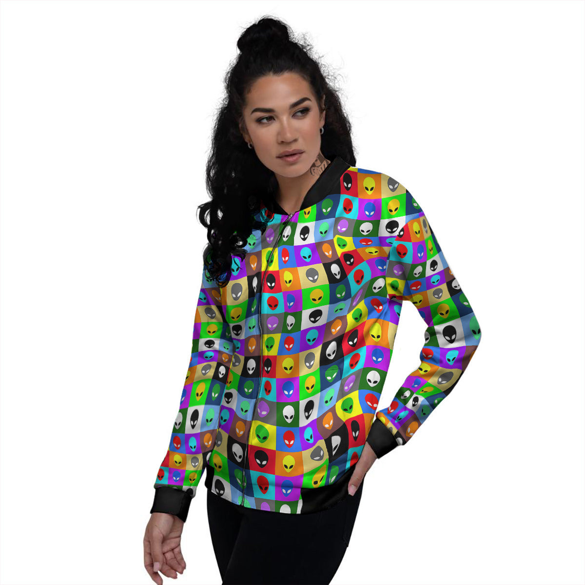 Colorful Retro Aliens Face Print Pattern Women's Bomber Jacket-grizzshop