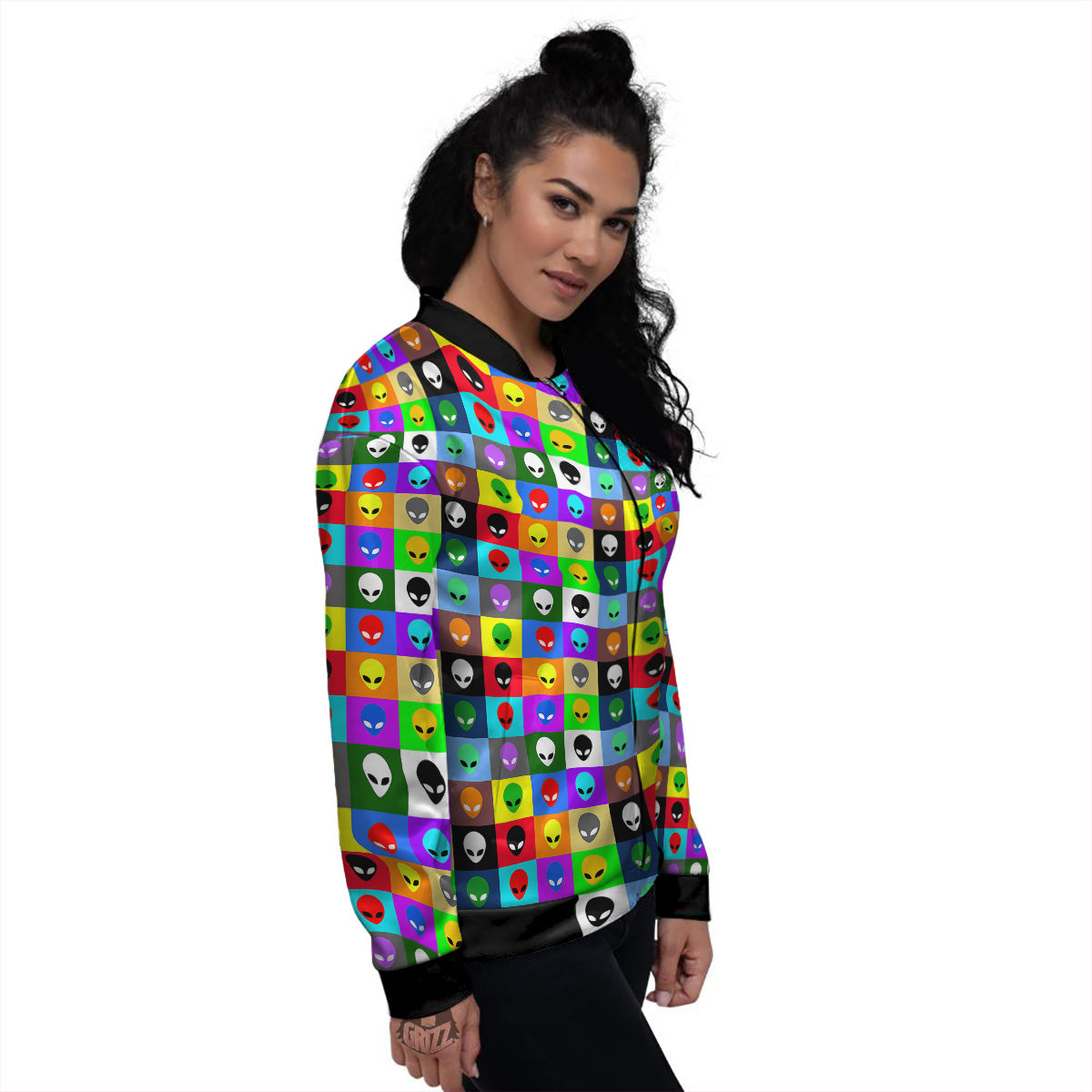 Colorful Retro Aliens Face Print Pattern Women's Bomber Jacket-grizzshop