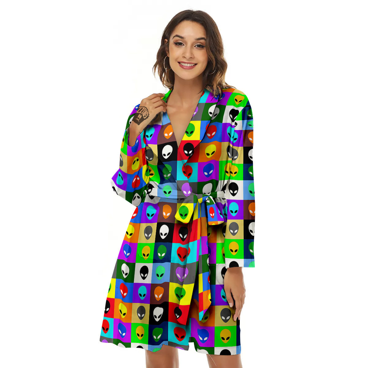 Colorful Retro Aliens Face Print Pattern Women's Robe-grizzshop