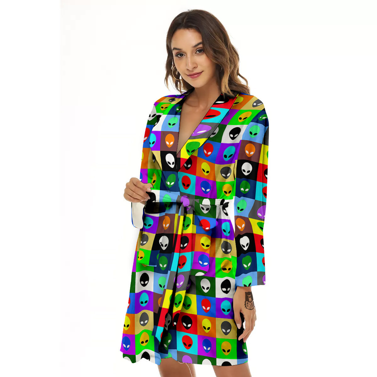 Colorful Retro Aliens Face Print Pattern Women's Robe-grizzshop