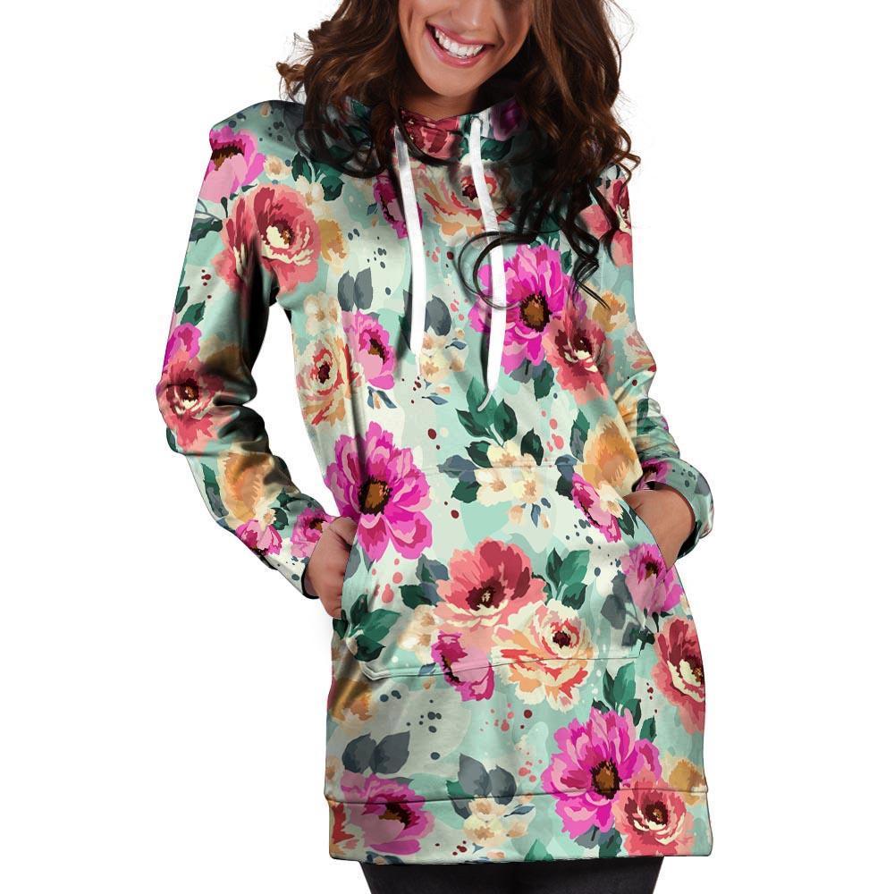 Colorful Rose Floral Hoodie Dress-grizzshop