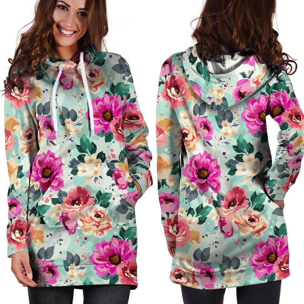 Colorful Rose Floral Hoodie Dress-grizzshop