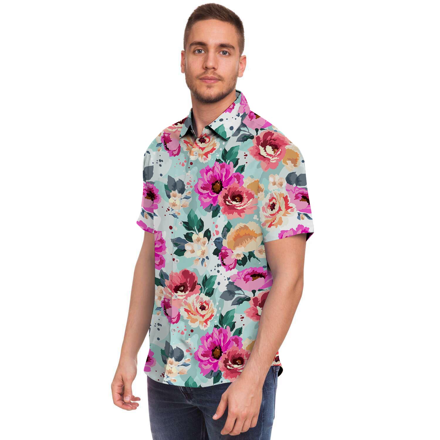 Colorful Rose Floral Men's Short Sleeve Shirt-grizzshop