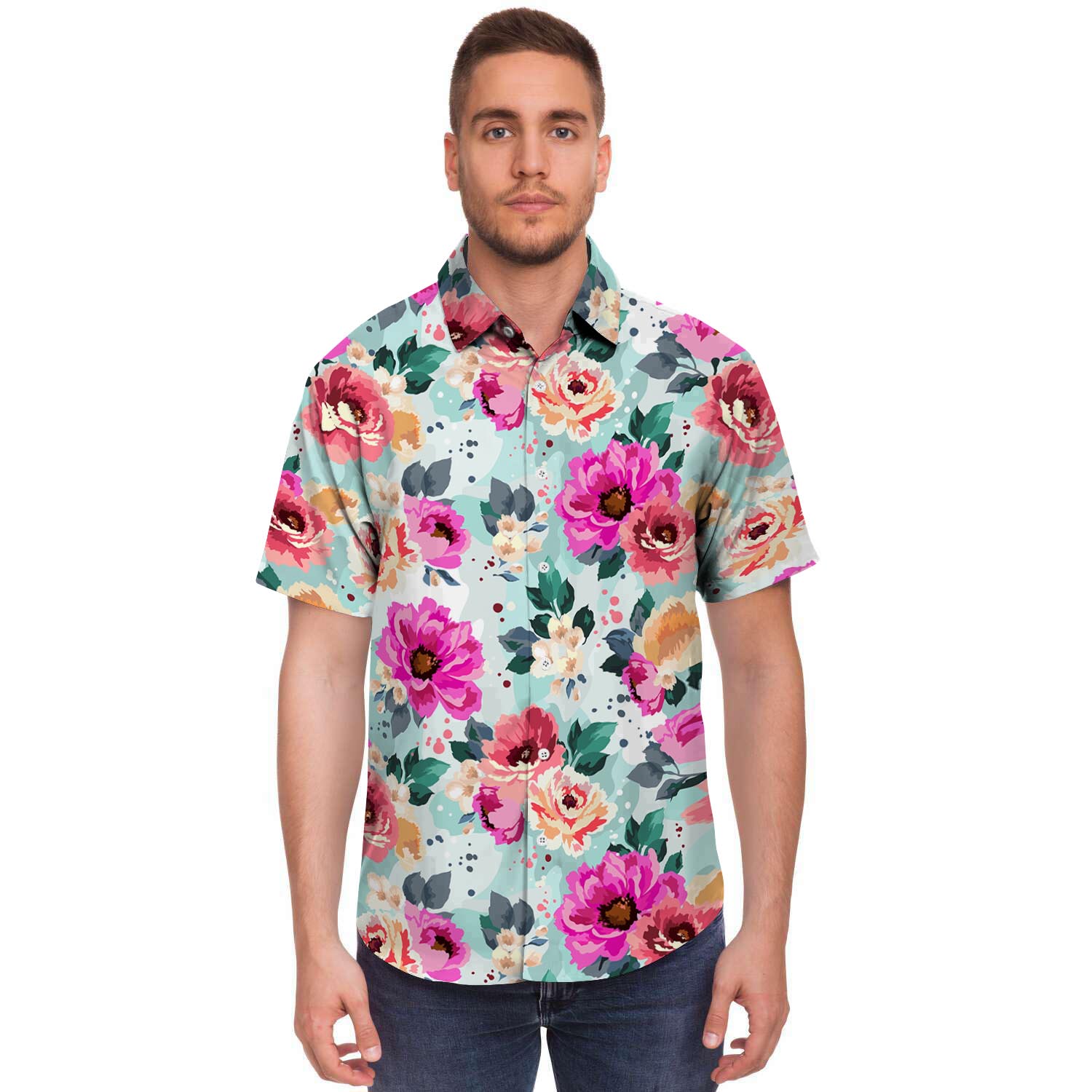 Colorful Rose Floral Men's Short Sleeve Shirt-grizzshop