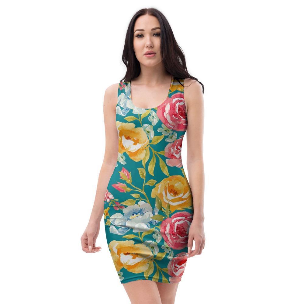 Colorful Rose Flower Bodycon Dress-grizzshop