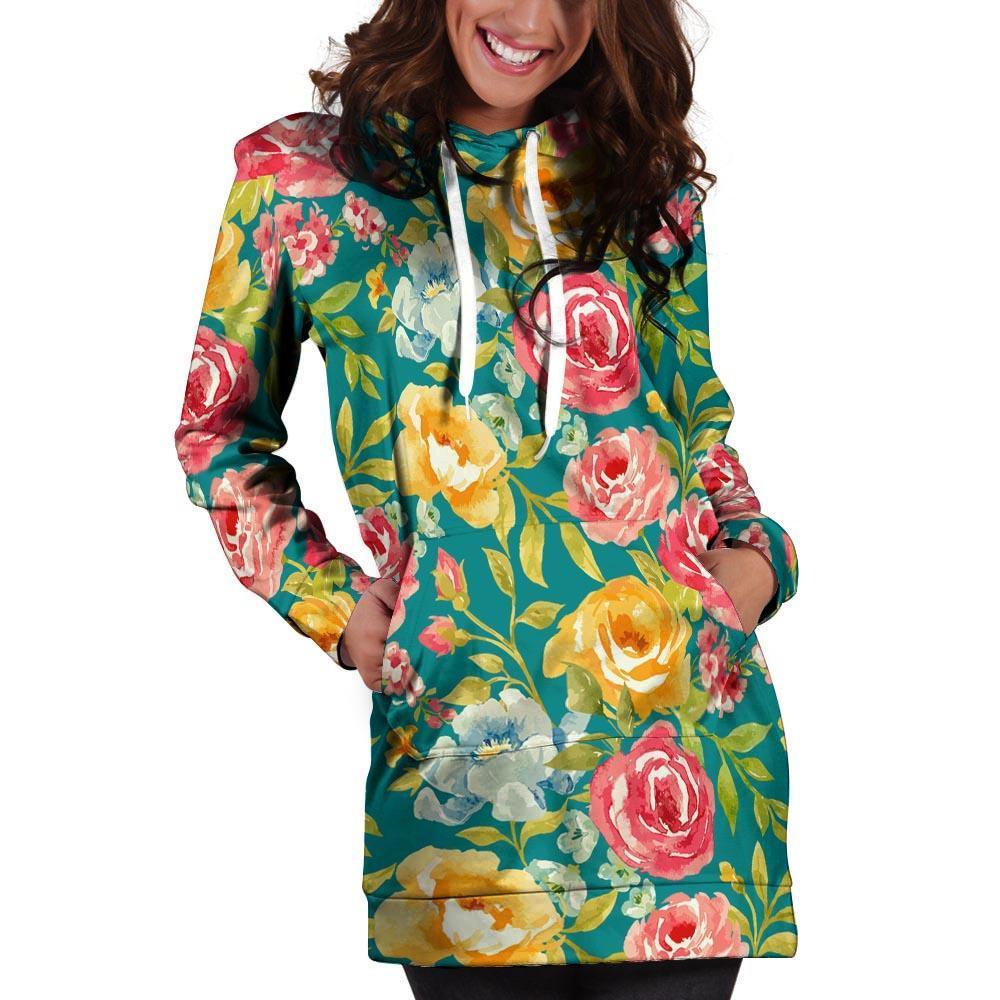 Colorful Rose Flower Hoodie Dress-grizzshop