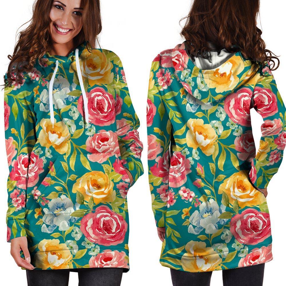 Colorful Rose Flower Hoodie Dress-grizzshop