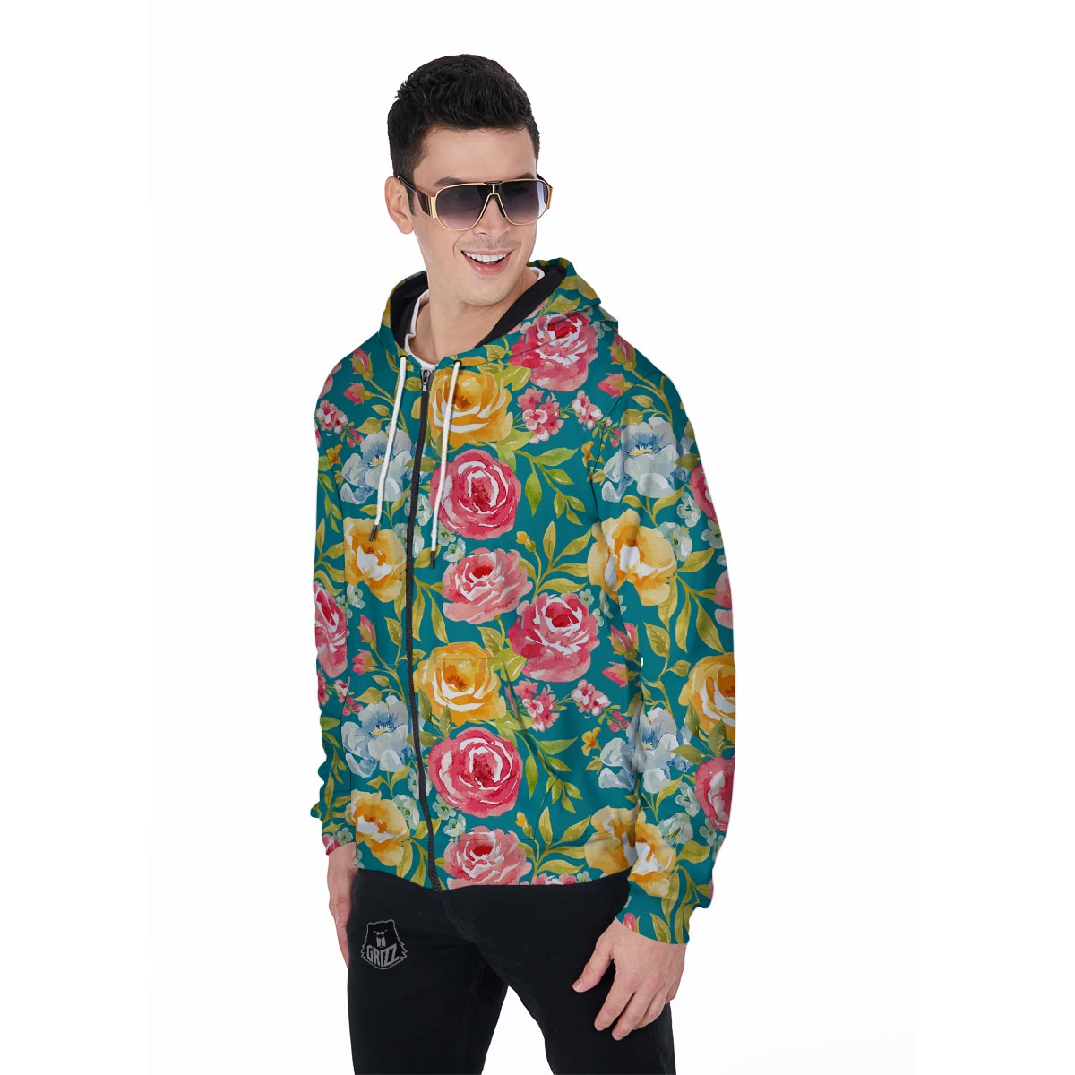 Colorful Rose Flower Men's Zip Up Hoodie-grizzshop