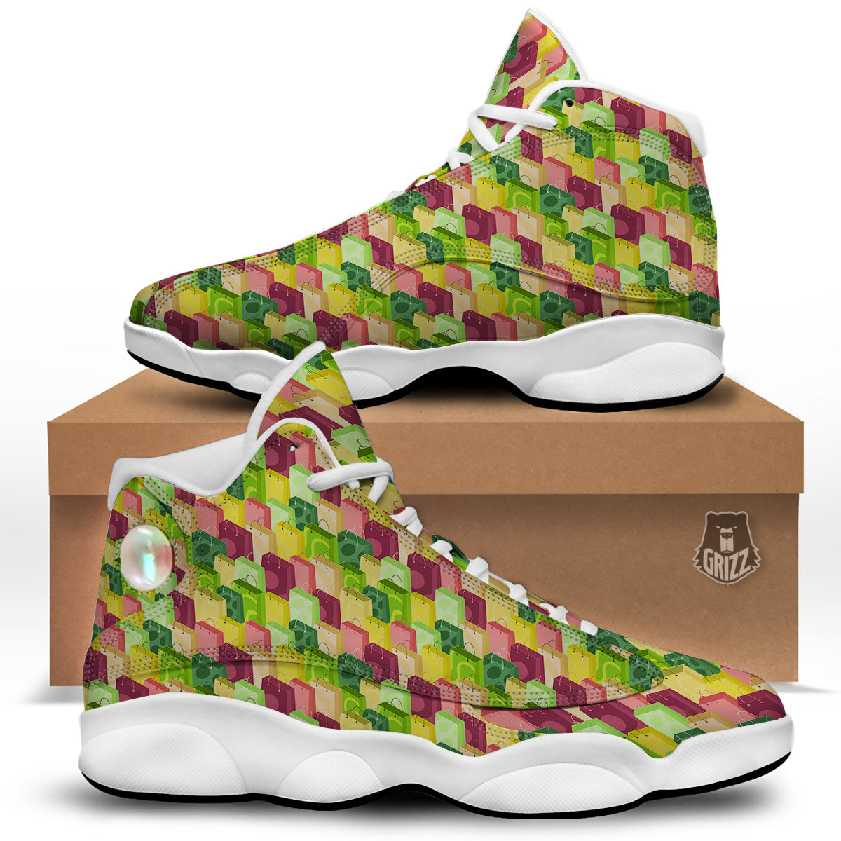Colorful Shopping Bags Print Pattern White Basketball Shoes-grizzshop