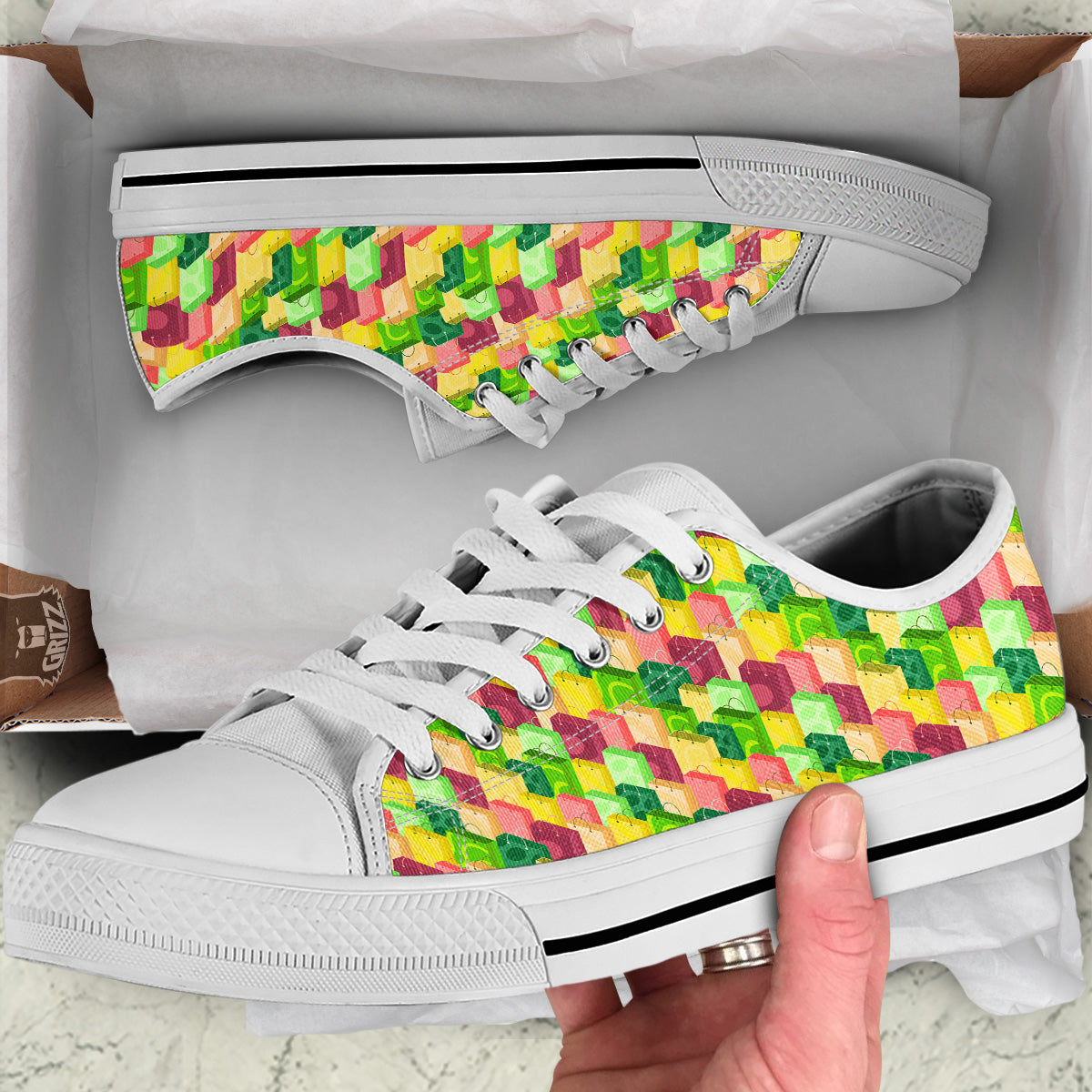 Colorful Shopping Bags Print Pattern White Low Top Shoes-grizzshop