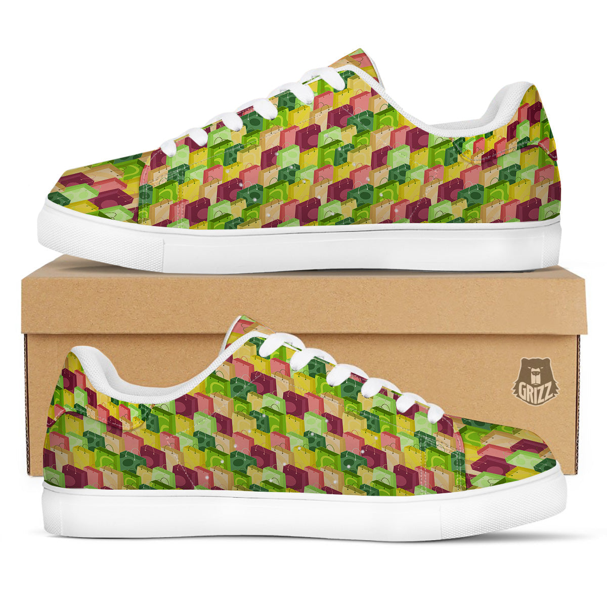 Colorful Shopping Bags Print Pattern White Low Top Sneakers-grizzshop