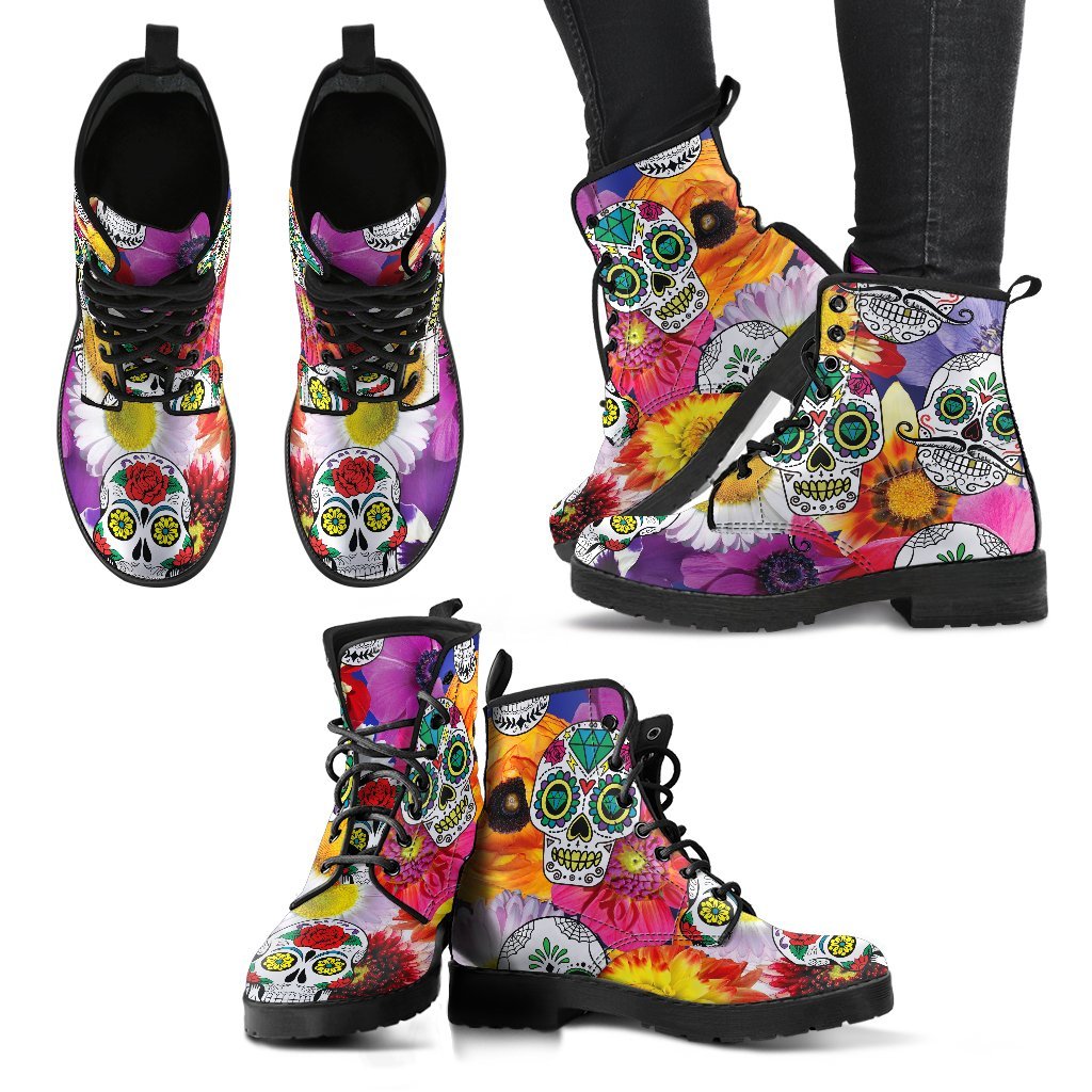 Colorful Skull Women's Leather Boots-grizzshop
