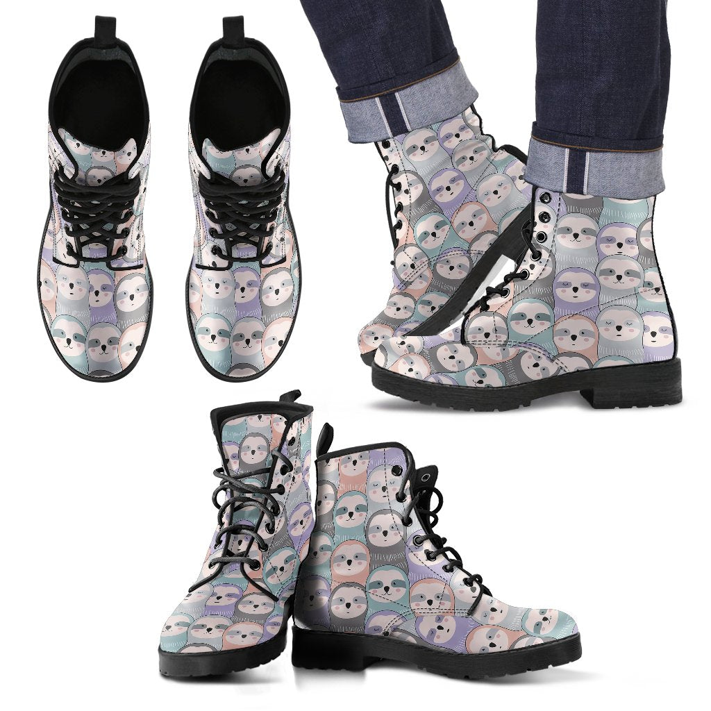 Colorful Sloth Pattern Print Men Women Leather Boots-grizzshop