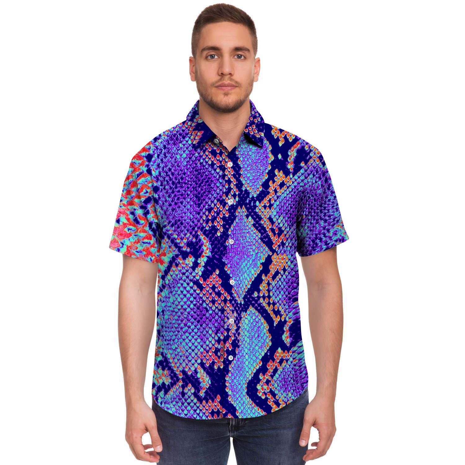 Colorful Snakeskin Print Men's Short Sleeve Shirt-grizzshop