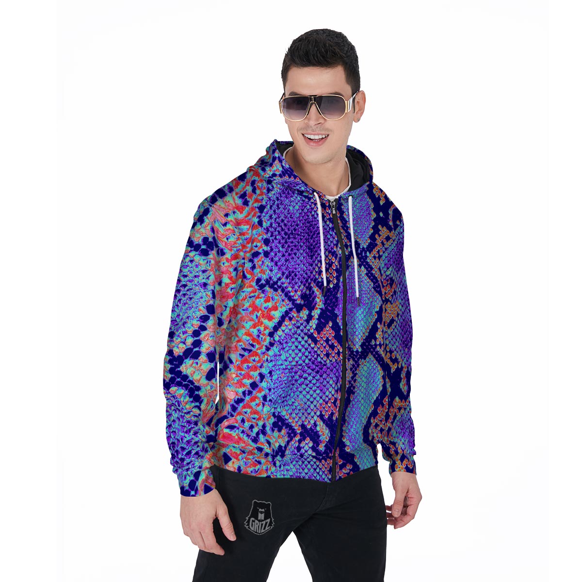 Colorful Snakeskin Print Men's Zip Up Hoodie-grizzshop