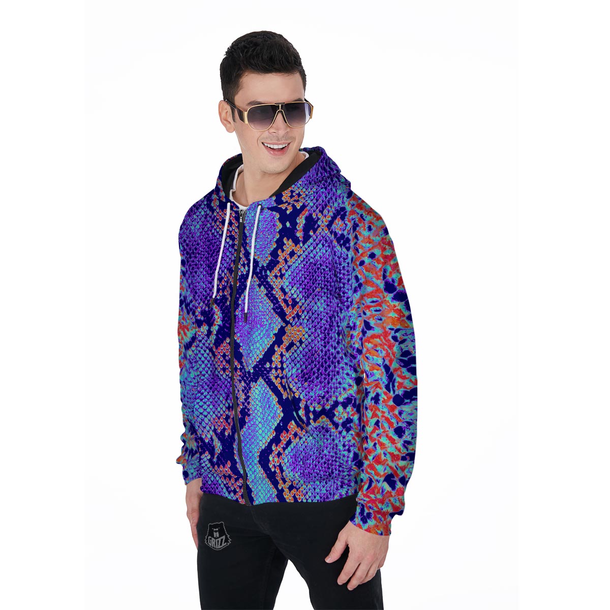 Colorful Snakeskin Print Men's Zip Up Hoodie-grizzshop