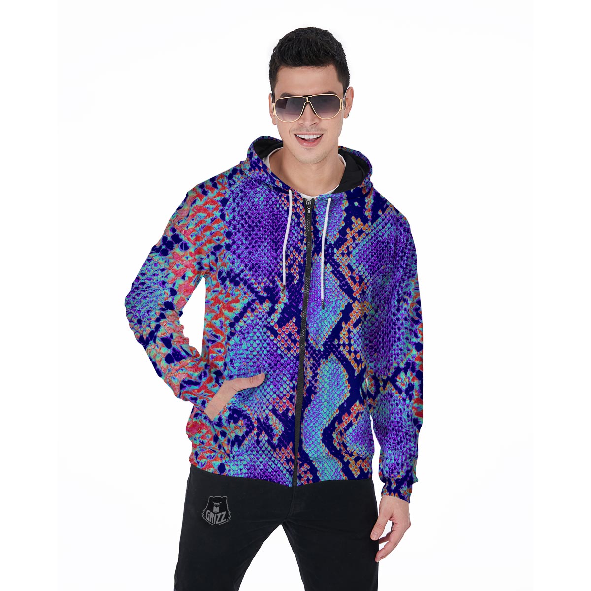 Colorful Snakeskin Print Men's Zip Up Hoodie-grizzshop