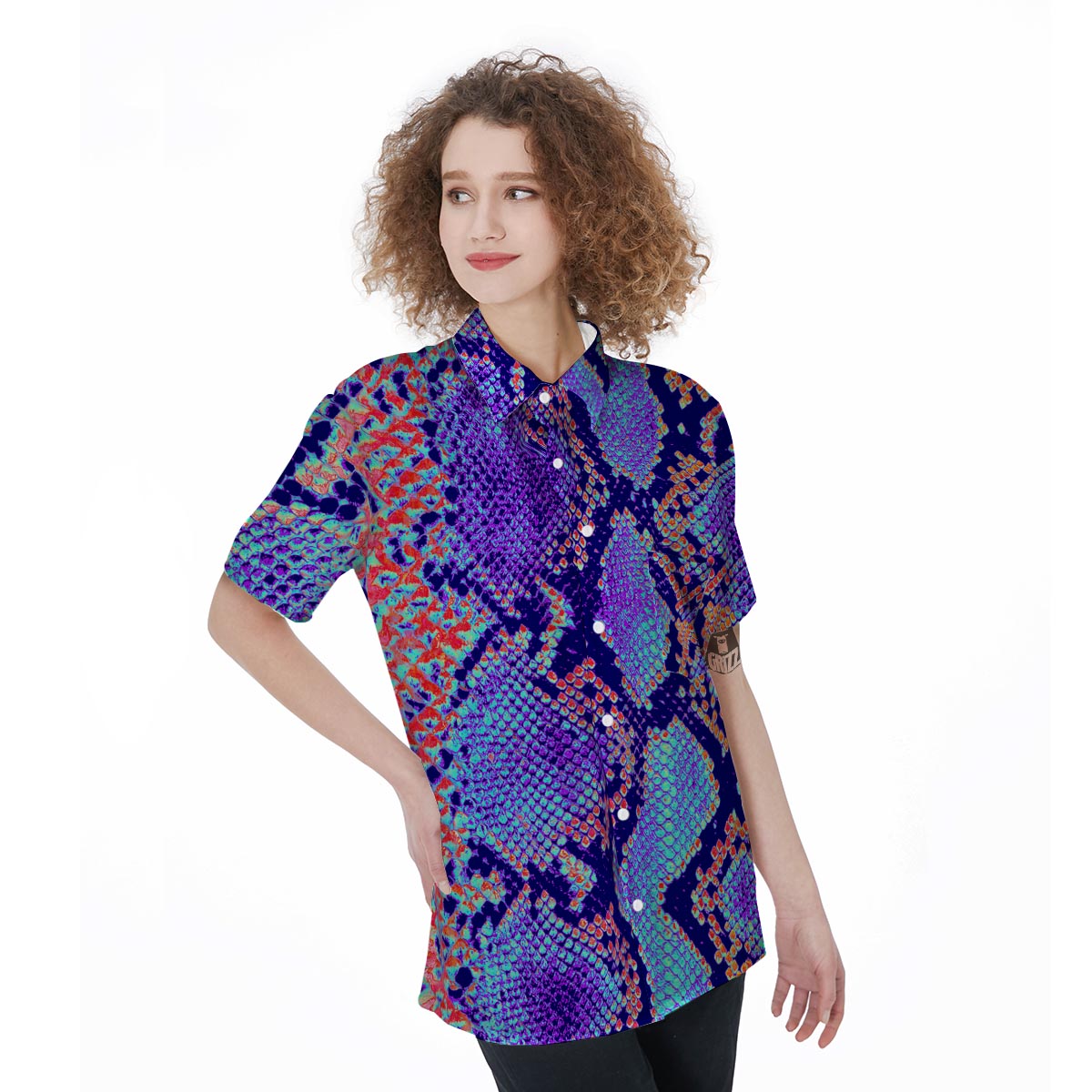 Colorful Snakeskin Print Women's Short Sleeve Shirts-grizzshop