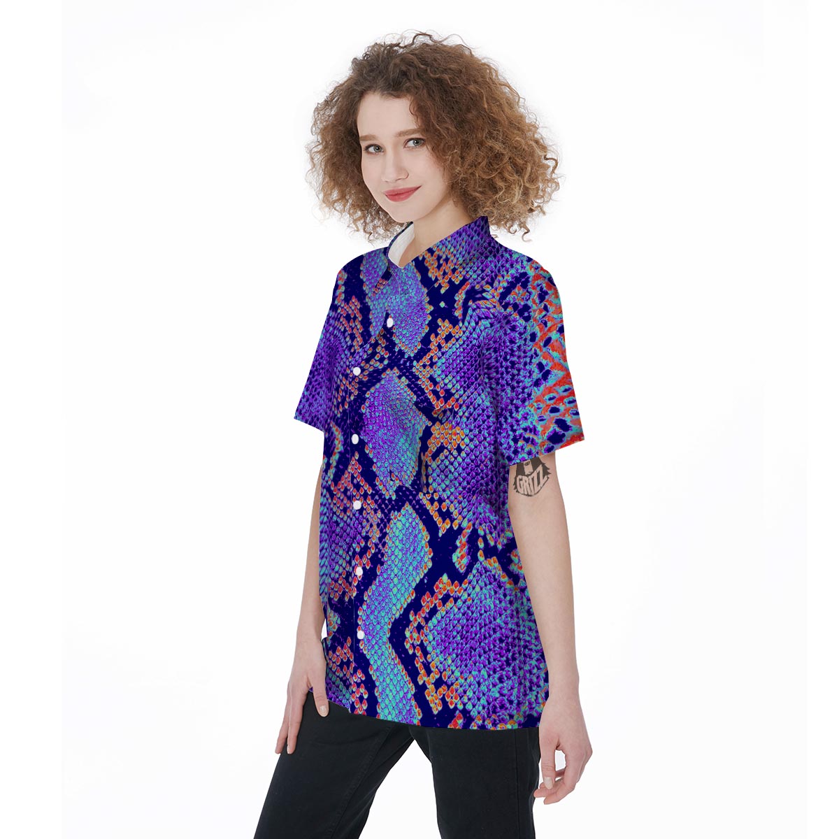 Colorful Snakeskin Print Women's Short Sleeve Shirts-grizzshop