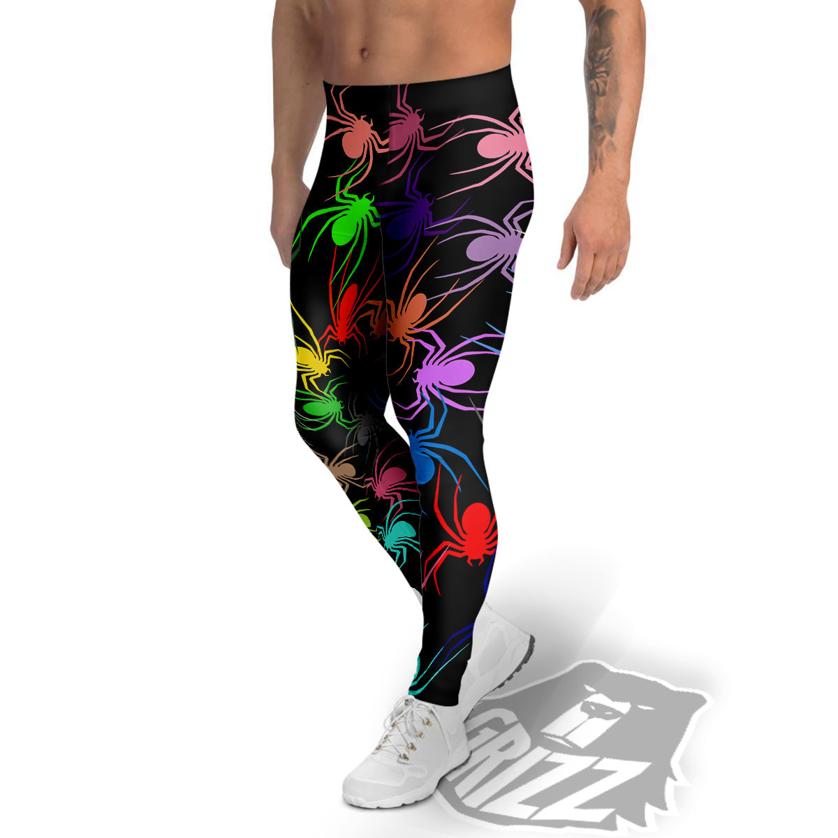Colorful Spider And Spiral Web Print Men's Leggings-grizzshop