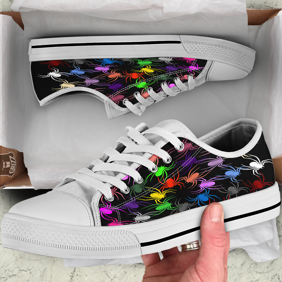 Colorful Spider And Spiral Web Print White Low Top Shoes-grizzshop