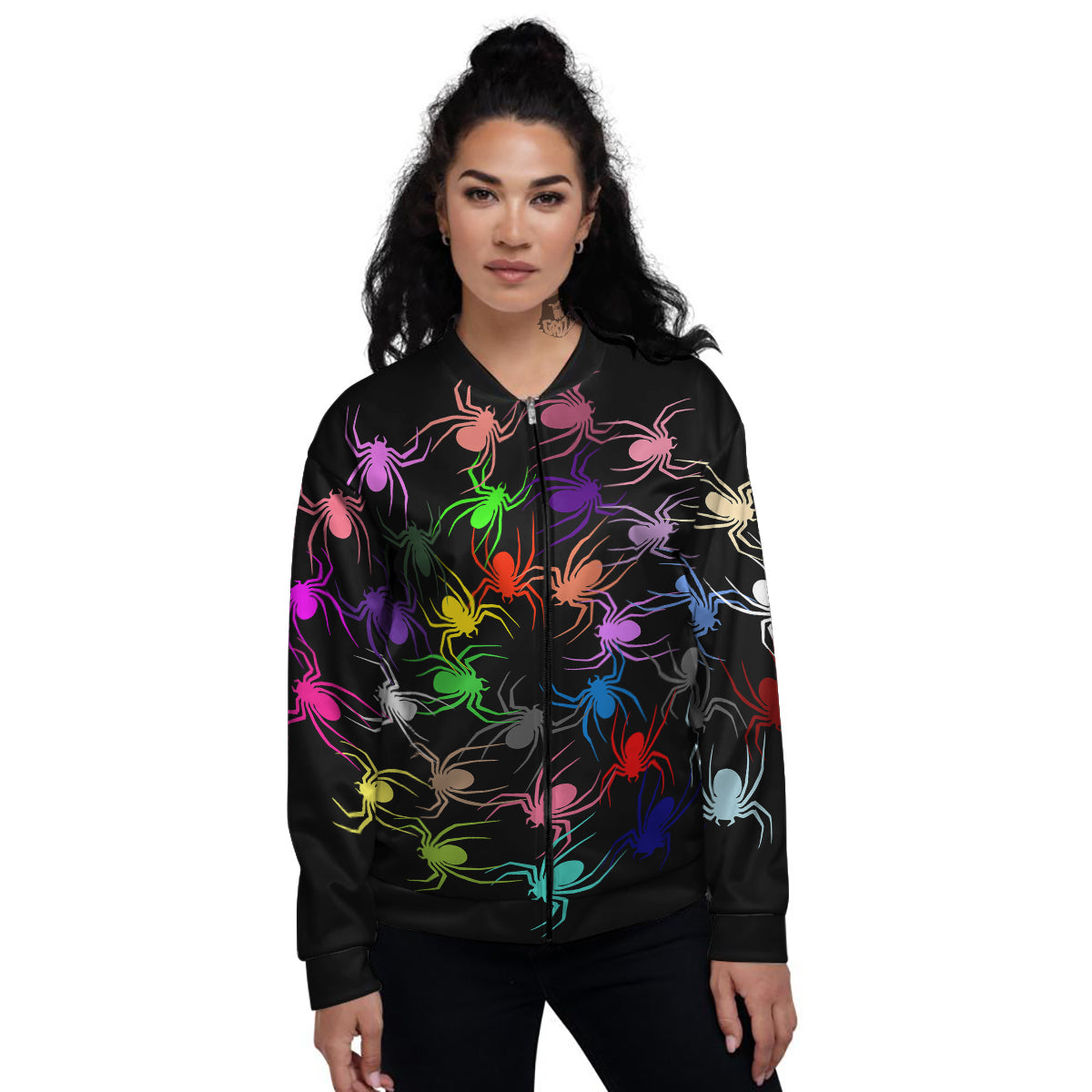 Colorful Spider And Spiral Web Print Women's Bomber Jacket-grizzshop