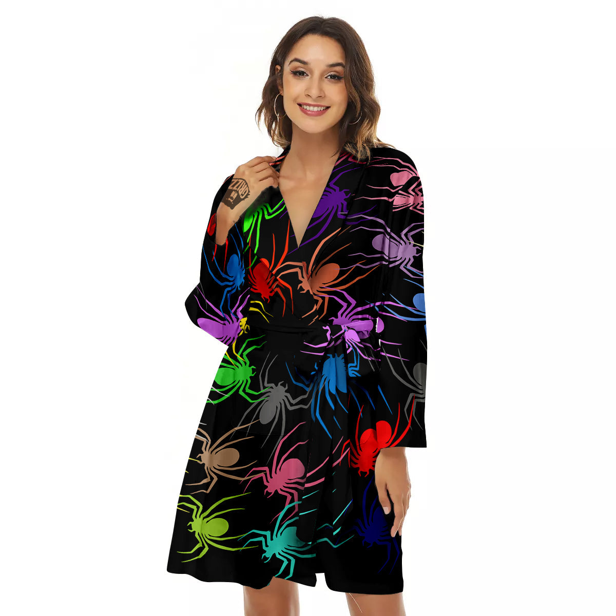 Colorful Spider And Spiral Web Print Women's Robe-grizzshop