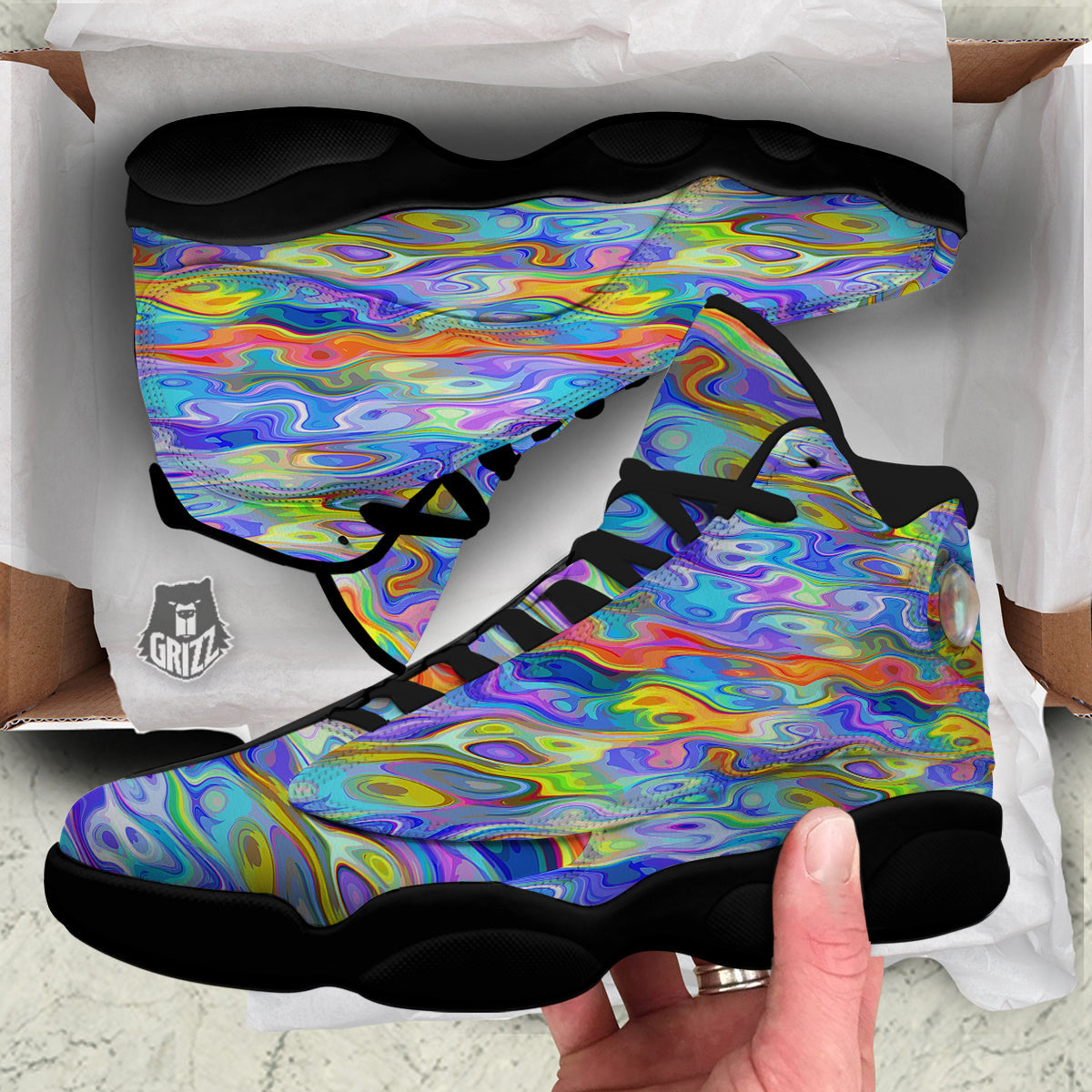 Colorful Tie Dye Wavy Hippie Print Black Basketball Shoes-grizzshop